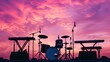 © Irina Ukrainets - Silhouette of music stage setup against a vibrant purple sky. Empty concert scene ready for performance with various instruments. Outdoor event background. AI