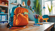 A close-up of a school backpack on a table, in which school supplies are placed.