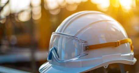 Wall Mural - Construction helmet and safety goggles, close view, golden hour, ultra-wide lens, detail on safety gear. 