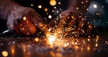 Welder's Hands With Sparks Flying, Twilight, Close-up, Wide Lens, High Contrast, Focus On Skill. 