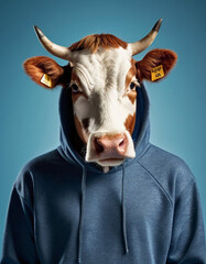 anthropomorphic teenage cow in a comfortable hoodie on a plain background