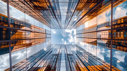 Wall Mural - Upward view of a modern glass skyscraper under a blue sky. Urban architecture, reflective facade. Perfect for corporate backgrounds. AI