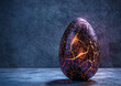 comic book style picture of an easter chocolate egg made of rock minerals, with a dark bluish, purple tonality in the background and orange tonality in lighting