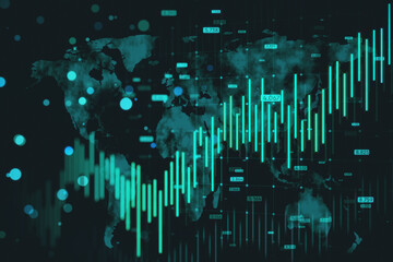 Wall Mural - Creative growing blue forex chart and map hologram on blurry background. Banking, invest and financial growth concept. 3D Rendering.