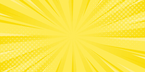 Wall Mural - Bright yellow comic sunburst effect background with halftone. Sun rays abstract vector background. Suitable for templates, banners, events, ads, sales, web and pages