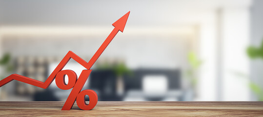 Increasing percentage icon on wide blurry office background with mock up place. Red arrow and percent sign growing on wooden desk. 3D Rendering.