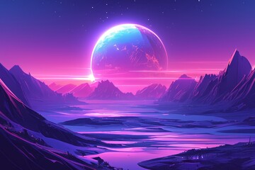 Canvas Print - A digital artwork featuring a fantastical landscape.  A large, glowing sphere floats in the sky  above a mountain range and a lake.