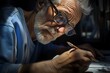 An elderly scientist at his desk writes a scientific paper, close-up