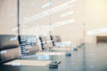 Wall Mural - double exposure of abstract creative programming illustration on a modern boardroom background, big 