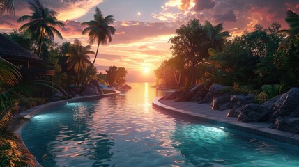 Lifelike 3D render of a lazy river ride at sunset, the water glowing with reflections of the sky, tranquil and beautiful