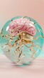 A pink and teal glass sphere containing the human brain, with golden metallic tentacles coming out of it, on an isolated pastel background 