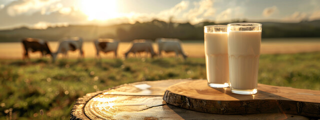 A serene scene with two full glasses of milk on a rustic wooden table against a sunrise over a pastoral field with cows.