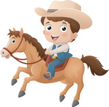 Fototapeta Dinusie - Cartoon young cowboy riding on a horse