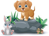 Fototapeta Dinusie - Cartoon baby dog and rabbit sitting on the stone