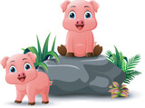 Fototapeta Dinusie - Cartoon two baby pig sitting on the stone