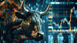 A bull with long horns standing confidently in front of a stock chart, symbolizing a bullish trend in the stock market