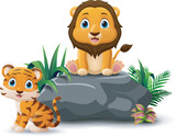 Fototapeta Dinusie - Cartoon baby lion and tiger sitting on the stone