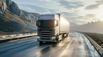 A cargo semi-truck travels down a highway with majestic mountains in the backdrop