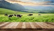 Country Charm: Wooden Tabletop Against Backdrop of Grassy Field and Grazing Cows