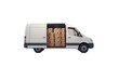 A white van transporting parcels, isolated on a transparent background
