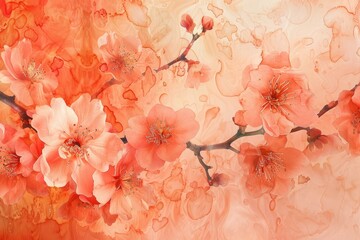 Wall Mural - Abstract culinary floral motifs, resembling blooming cherry blossoms, adorn a backdrop of soft peach, inviting the viewer into a world of gastronomic imagination.