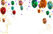 Purple balloons and confetti on white background. Vector illustration.