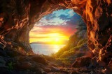 Fototapeta Natura - A view of a sunset from a cave opening. The sun is a bright orange disc setting in a sky filled with streaks of orange, pink, and purple. The silhouette of rocky cliffs can be seen in the foreground.