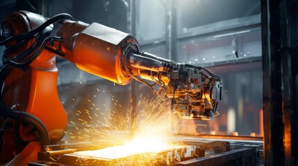 Wall Mural - A close-up of the work involved in welding a metal product with sparks of fire in the factory. Automatic Grinding, Equipment Manufacturing, Machinery, Industry, Robotics concepts