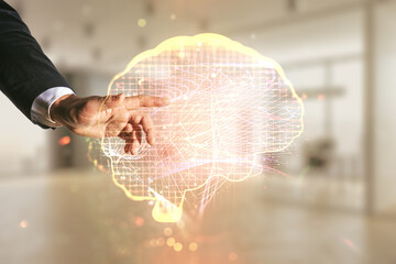 Wall Mural - Double exposure of man hand working with creative human brain microcircuit hologram on blurred office background. Future technology and AI concept