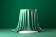 Empty podium side table over a glossy emerald green curtain