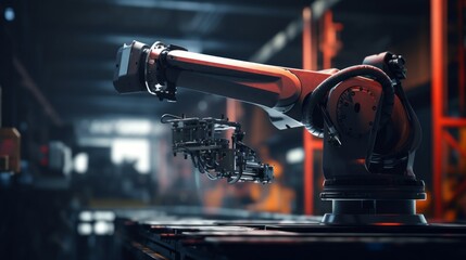 Wall Mural - A close-up of a robotic arm with artificial intelligence ready to work in a factory. Production of computers, Machines, modern high-tech equipment in industry.