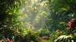 Stunning 3D background with a lush jungle setting, featuring dense foliage, winding vines, and vibrant flora ,  low noise