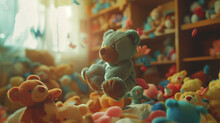 A Slow-motion Shot Of A Bear Doll Falling Onto A Pile Of Others, With A Room Full Of Once-coveted Toys In The Background. The Narrator Concludes The Story.