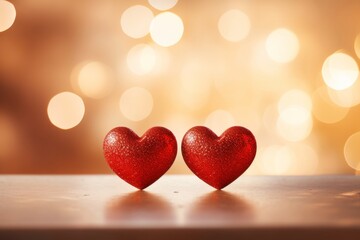 Wall Mural - two red sparkling hearts positioned closely together create a romantic ambiance with the warm bokeh 