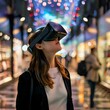 © Moopingz - Woman wearing a virtual reality headset standing in a brightly lit shopping arcade.