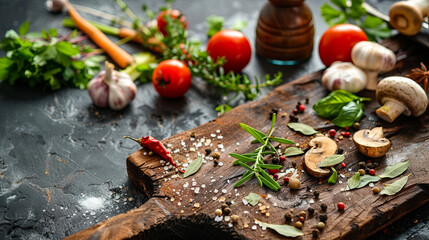 Wall Mural - Kitchen board with neatly laid out champignons, vegetables and spices for cooking