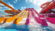 3D illustration of sliding down a giant water slide into a splash pool, vibrant and lively
