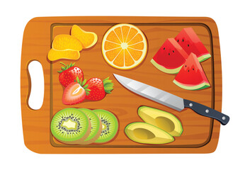 Wall Mural - Sliced fruits on cutting board. Salad fruit ingredients. Vector illustration isolated on white background