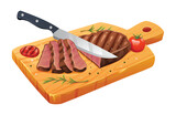 Fototapeta Pokój dzieciecy - Sliced medium rare grilled beef steak with salt, tomatoes and knife on cutting board. Vector illustration isolated on white background