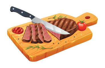 Wall Mural - Sliced medium rare grilled beef steak with salt, tomatoes and knife on cutting board. Vector illustration isolated on white background