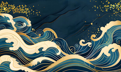 Wall Mural - luxury blue and gold japanese wave illustration, generative ai