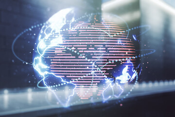Wall Mural - double exposure of abstract digital world map hologram with connections on contemporary business cen
