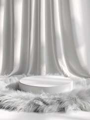 Wall Mural - white circular podium on white fur with curtain background for luxury product advertising vertical aspect