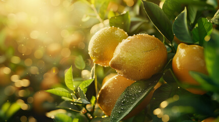 Wall Mural - Sunlight filters through a lemon tree, highlighting the dew-kissed fruit and lush leaves.