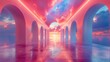 rainbow pastel 3d arch in the clouds, surreal room with rainbow colored floor and sky