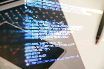 Wall Mural - multi exposure of abstract programming language hologram on computer background, artificial intellig