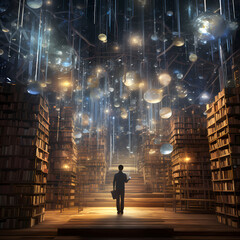 Canvas Print - A magical library with floating books and glowing balls of light