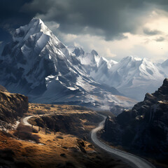 Canvas Print - A serene mountain pass with a winding road and snow mountains