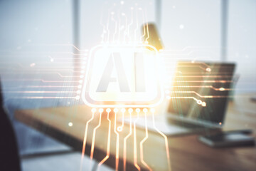 Wall Mural - creative artificial intelligence symbol concept with modern laptop on background. multiexposure