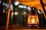 Fototapeta Natura - Camping Lantern Hanging: Showcase the details of a camping lantern hanging from a tent.